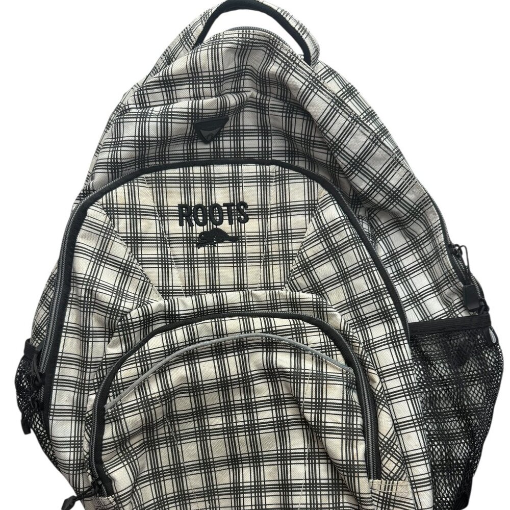 ROOTS Backpack Black / White Grid Checkered Pattern. Padded Straps.